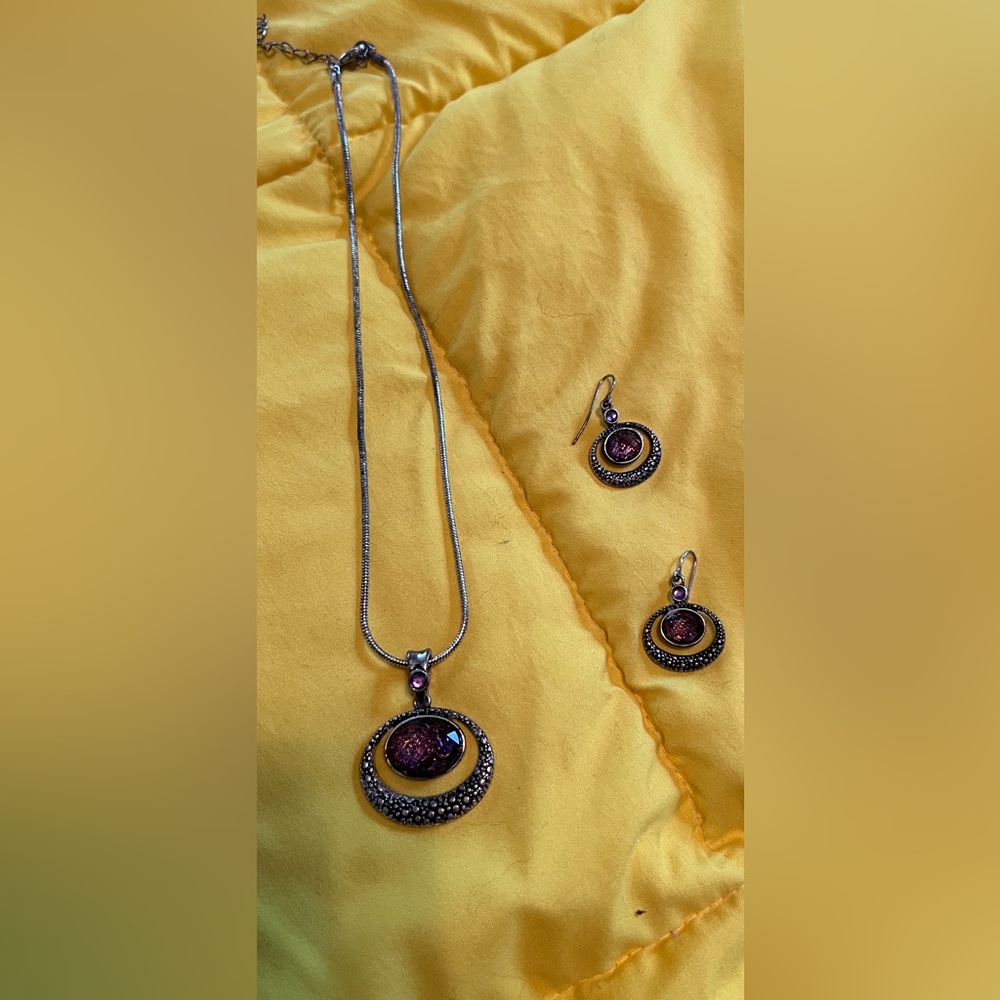 Sterling silver purple pendant necklace with matching earrings